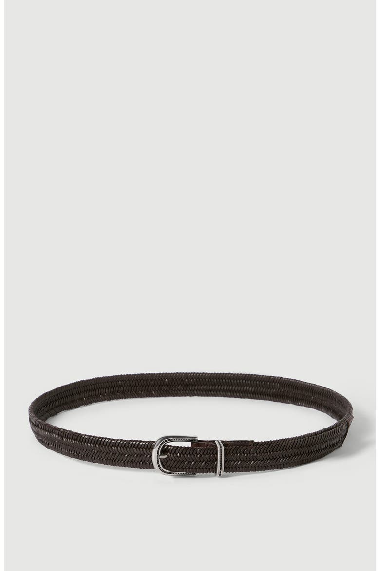 Chevron-effect braided leather belt, Main, color, Brown