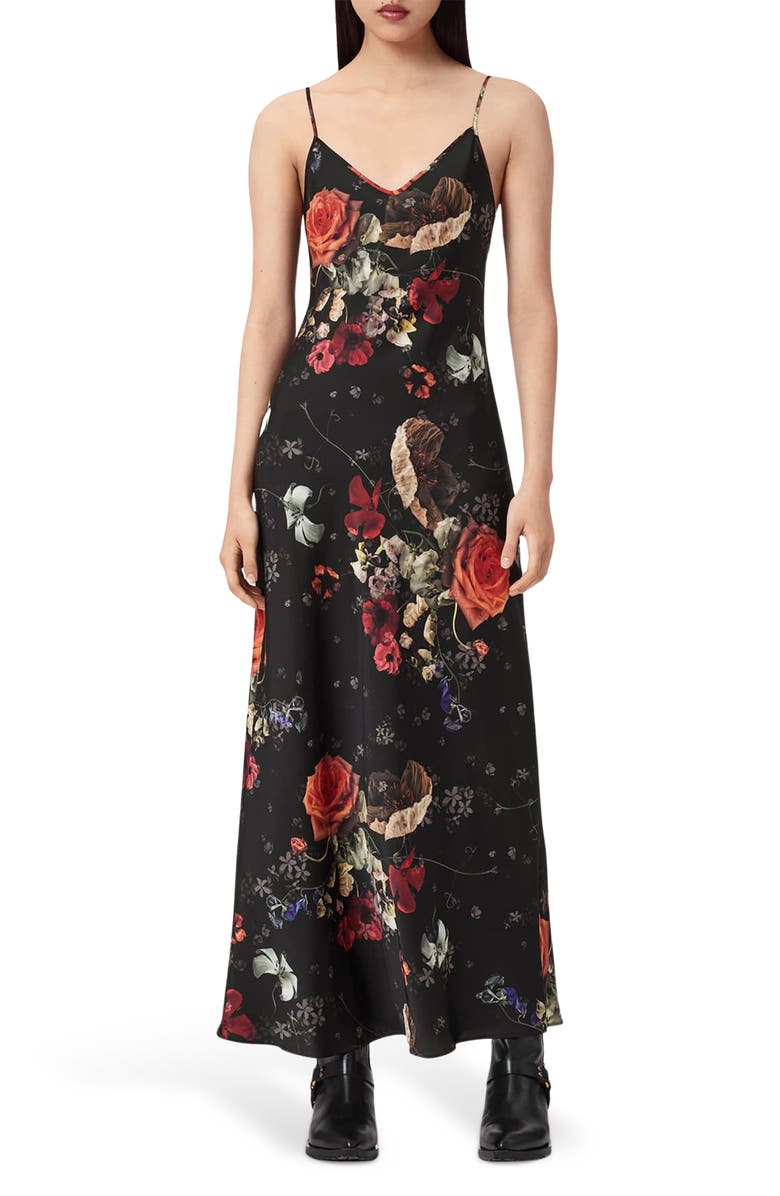 AllSaints Bryony Satin Slipdress, Main, color, Haze Black