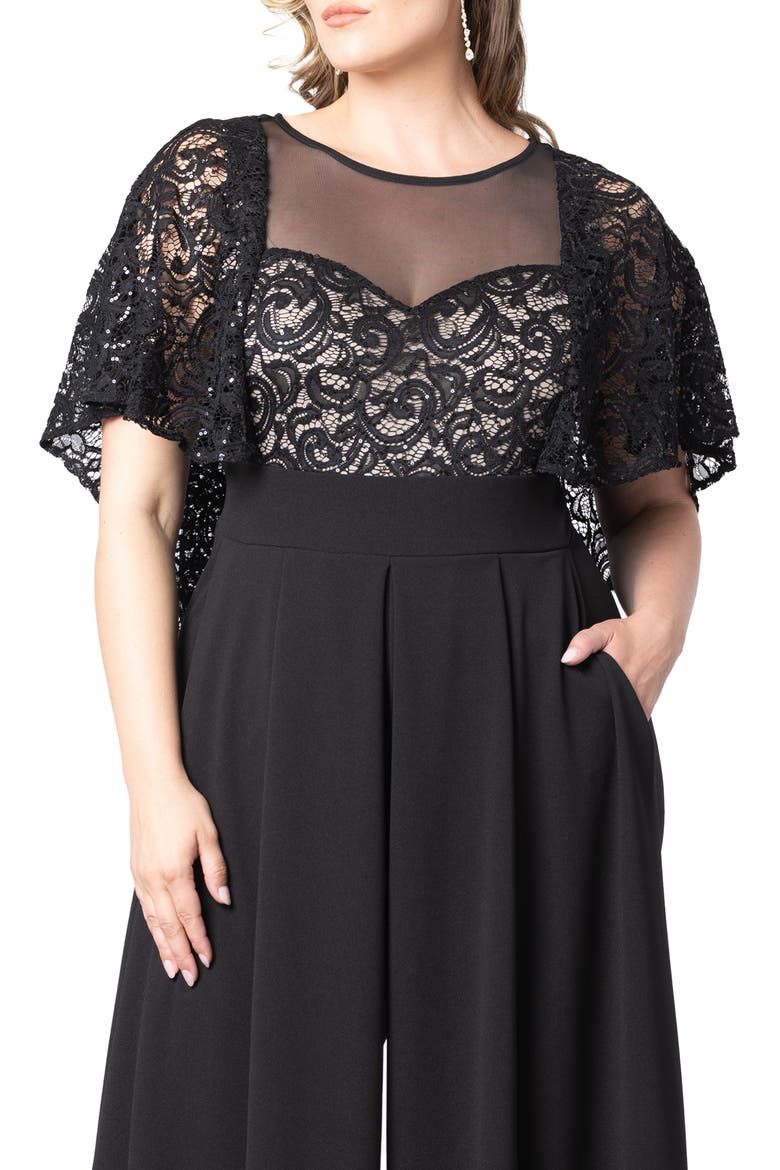 Sequin Lace Cape Jumpsuit, Alternate, color, BLACK/ NUDE