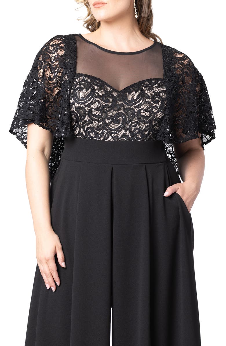 Kiyonna Sequin Lace Cape Jumpsuit, Alternate, color, Black/ Nude