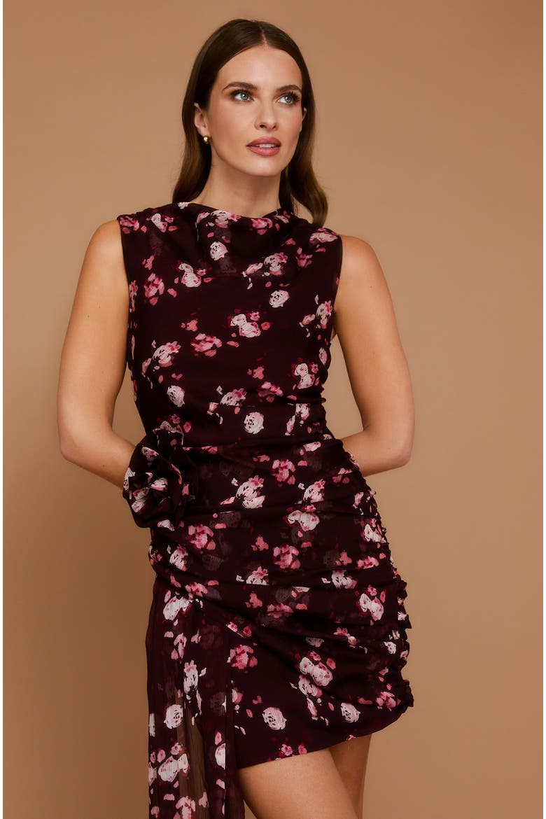 Floral Coursage Ruched Mini Dress, Alternate, color, Wine
