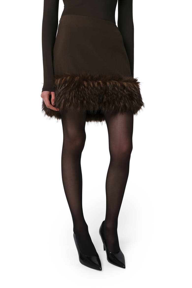 Meadow Stretch Crepe Miniskirt with Faux Fur Trim, Main, color, DARK BROWN / DARK BROWN