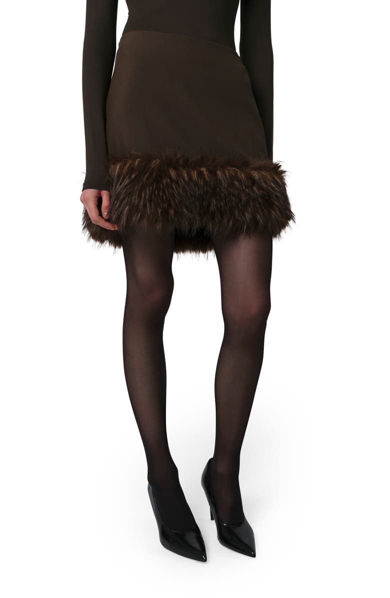 Apparis Meadow Stretch Crepe Miniskirt with Faux Fur Trim, Main, color, Dark Brown / Dark Brown