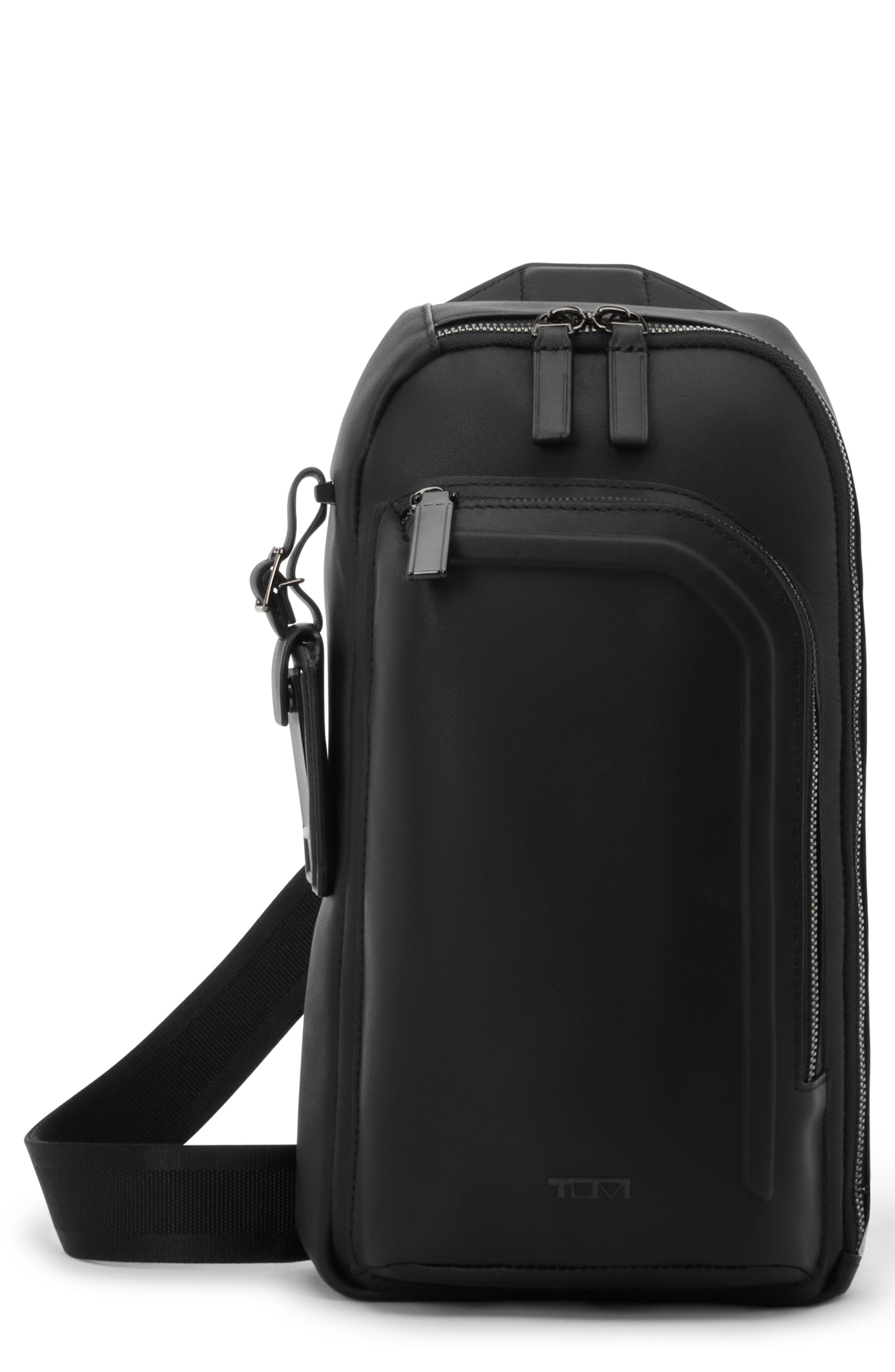 TUMI Harrison Gregory Leather Sling Bag, Main, color, Black Bombe