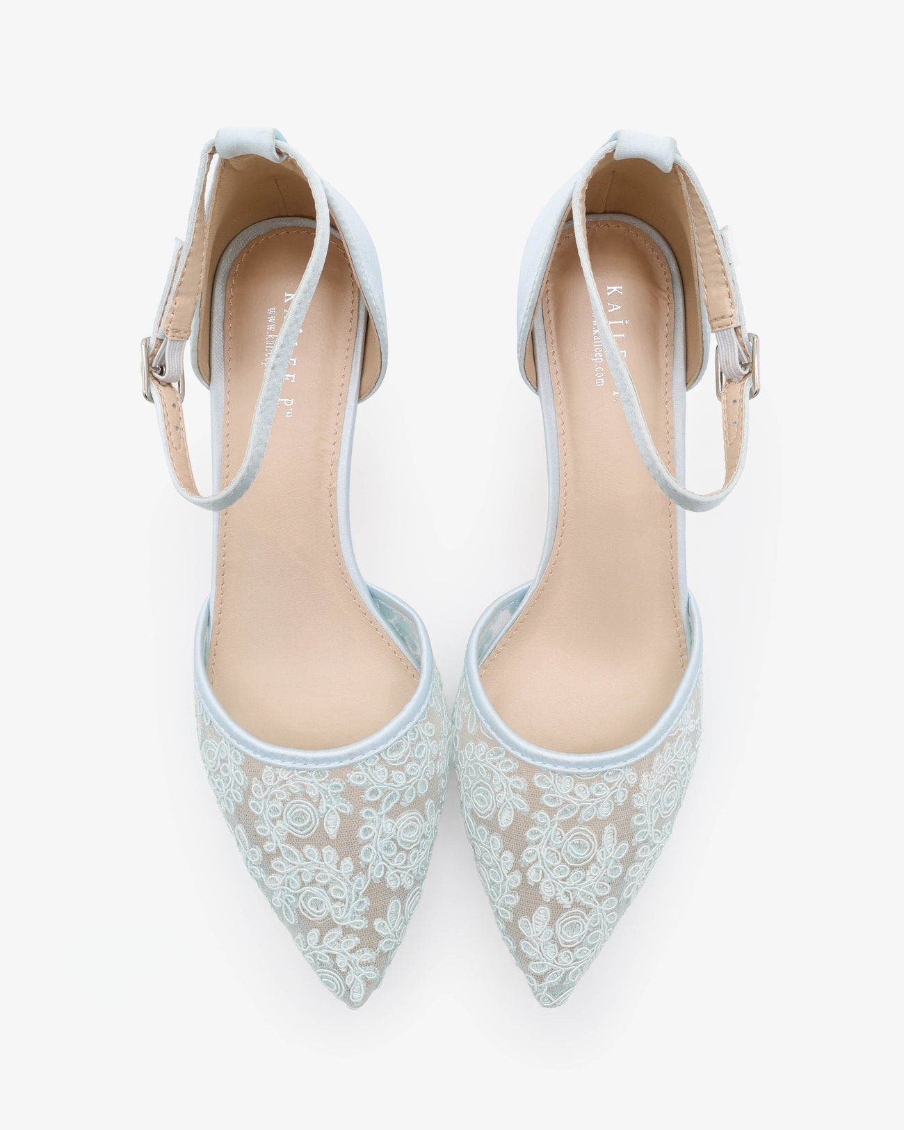 Claudia Crochet Lace pointed toe Wedding Kitten Low Heel, Alternate, color, Light Blue