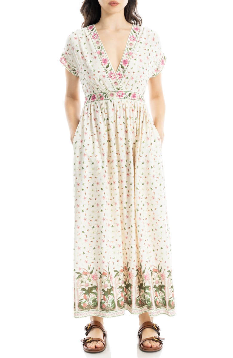 MAX STUDIO Surplice Neck Short Sleeve Maxi Dress, Main, color, Cream/ Pink Magnolia