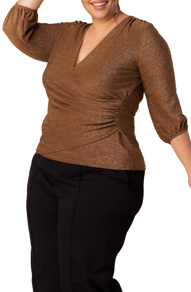 Kiyonna Celeste Faux Wrap Top, Alternate, color, Mocha Sparkle