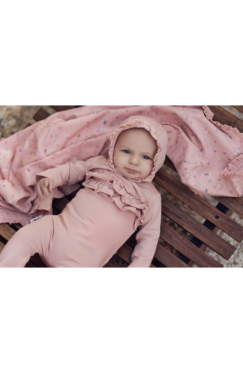 Manière Floral Ruffle Cotton Footie, Alternate, color, Mauve