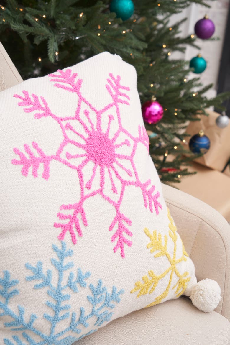 Snowflakes 100% Cotton Boho Christmas Accent Throw Pillow w/ Tassels 20" x 20", Alternate, color, Blue