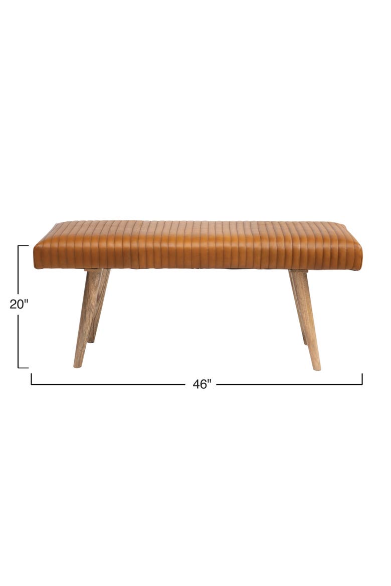 Mango Wood and Leather Grid Bench, Brown, Alternate, color, Brown