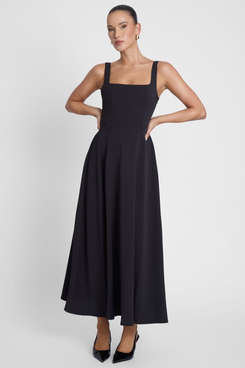Serenity Square Neck Corset Midi Dress, Alternate, color, Black