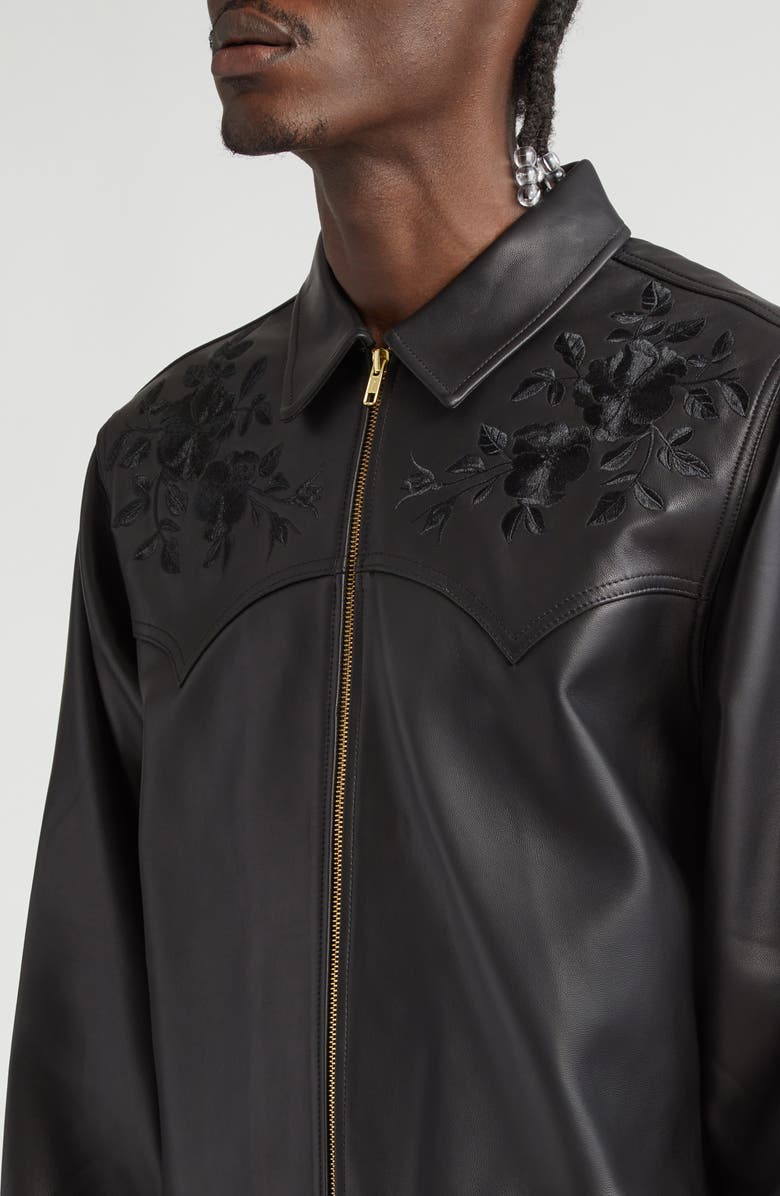 Noon Goons Drop Top Floral Embroidered Lambskin Leather Zip Shirt Jacket, Alternate, color, 