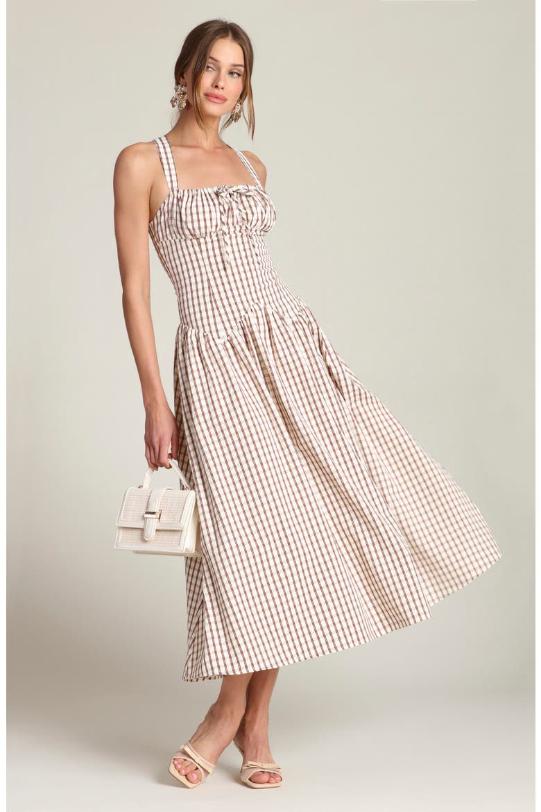 Check Drop Waist Cotton Blend Sundress, Alternate, color, CREAM AND BROWN