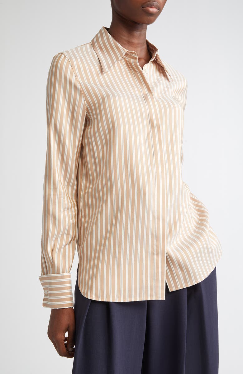 Lafayette 148 New York Stripe French Cuff Silk Button-Up Shirt, Alternate, color, Camel Multi