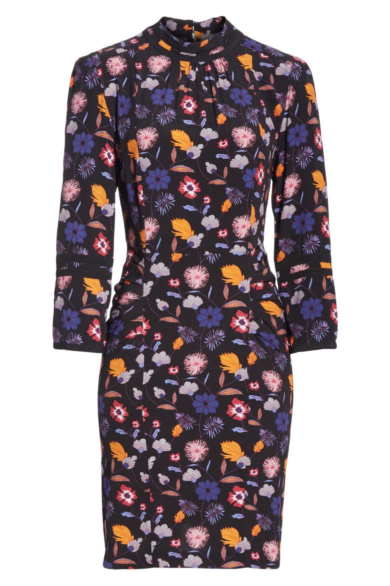 Maha High Neck Botanical Mini Dress, Alternate, color, BLACK