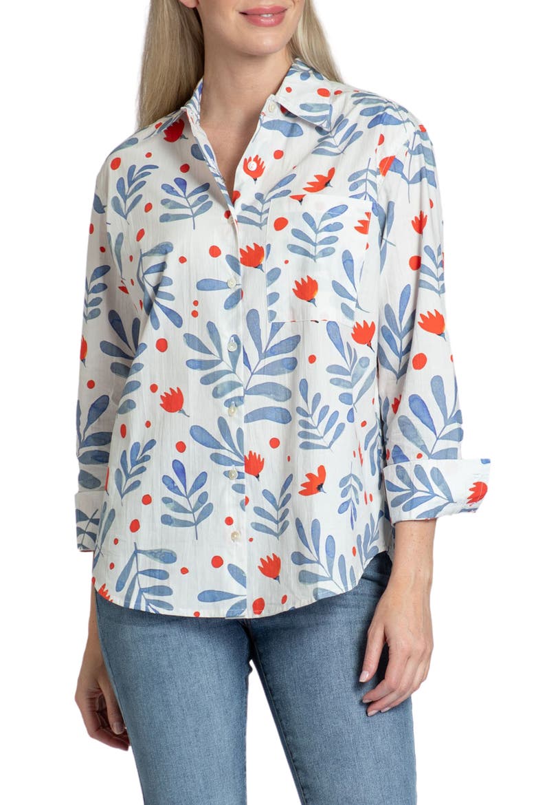 Oversize Feather Print Button-Up Shirt, Main, color, WHITE MULTI