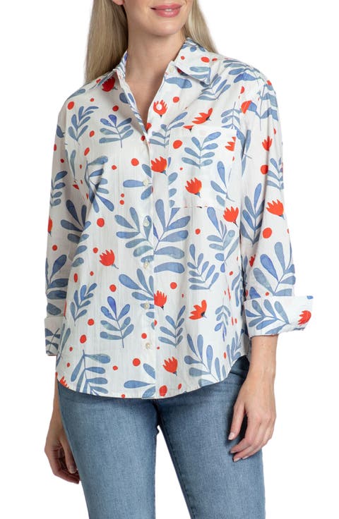 Oversize Feather Print Button-Up Shirt