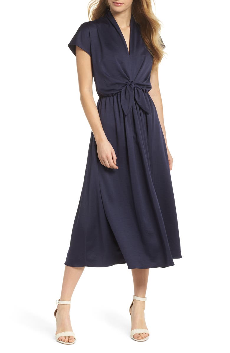 Gal Meets Glam Collection Margie Tie Waist Satin Midi Dress, Main, color,