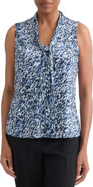 KASPER Blurred Print Tie Neck Sleeveless Top