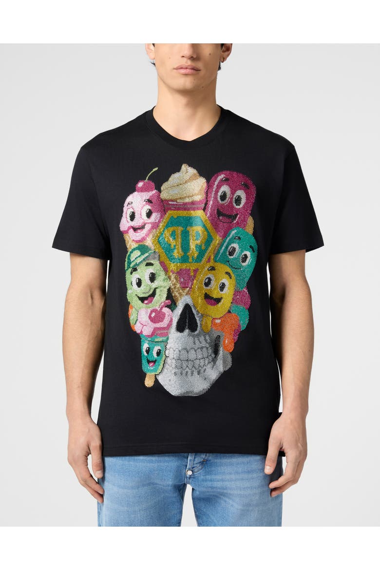 Round Neck T-Shirt Little Ice Cream Skull Men, Main, color, black