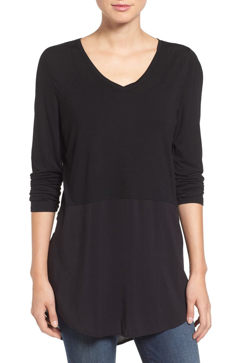 Mixed Media V-Neck Tunic, Main, color, RICH BLACK