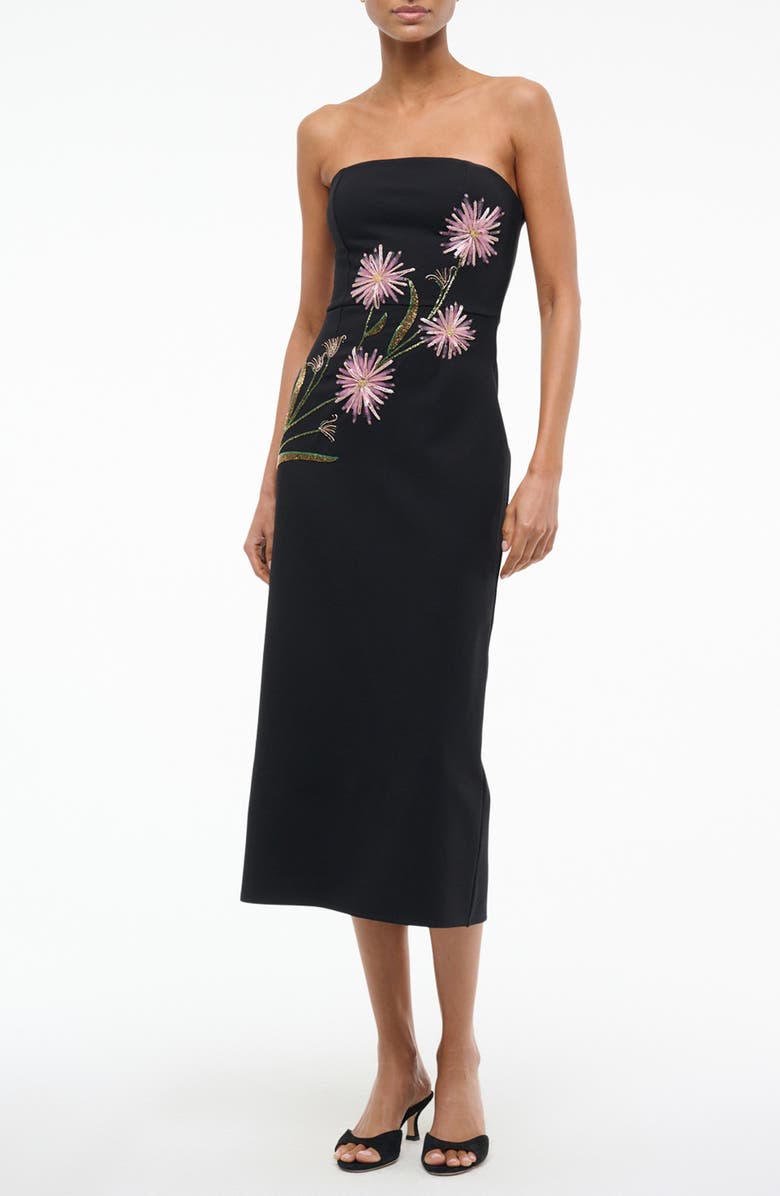 STAUD Brooke Floral Beaded Strapless Cocktail Dress, Main, color, Dahlia Daydream Black