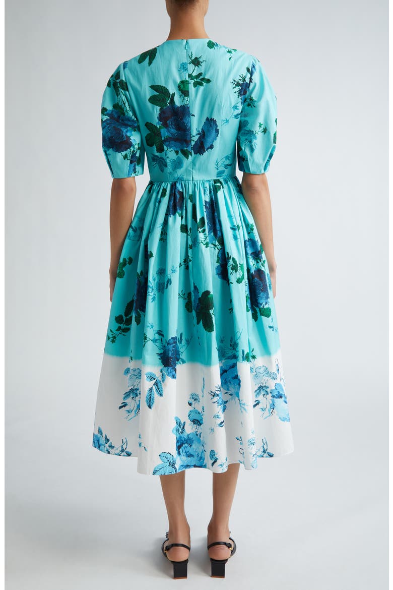 Dégradé Floral Puff Sleeve Cotton Dress, Alternate, color, KINGFISHER AND WHITE