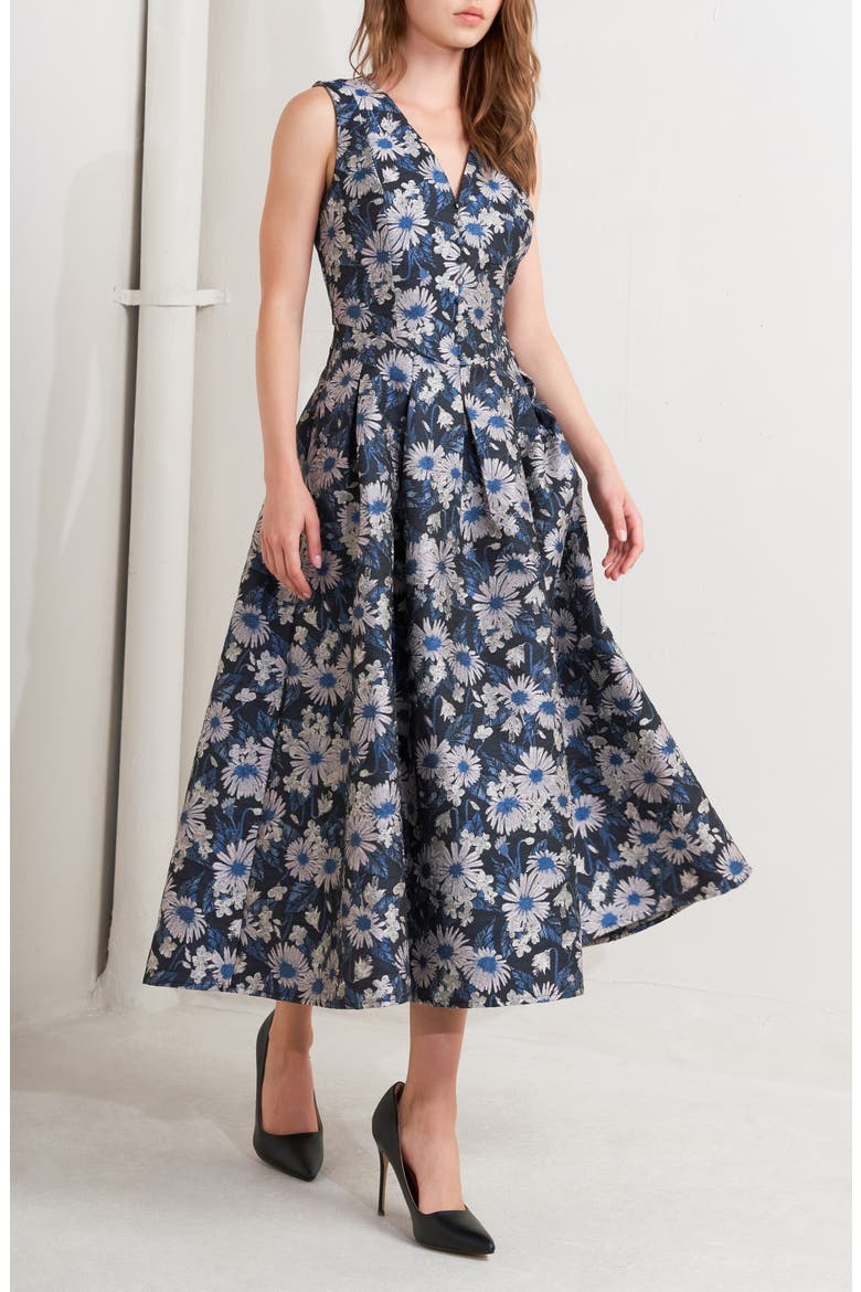 Floral Jacquard A-Line Midi Dress, Alternate, color, NAVY MULTI
