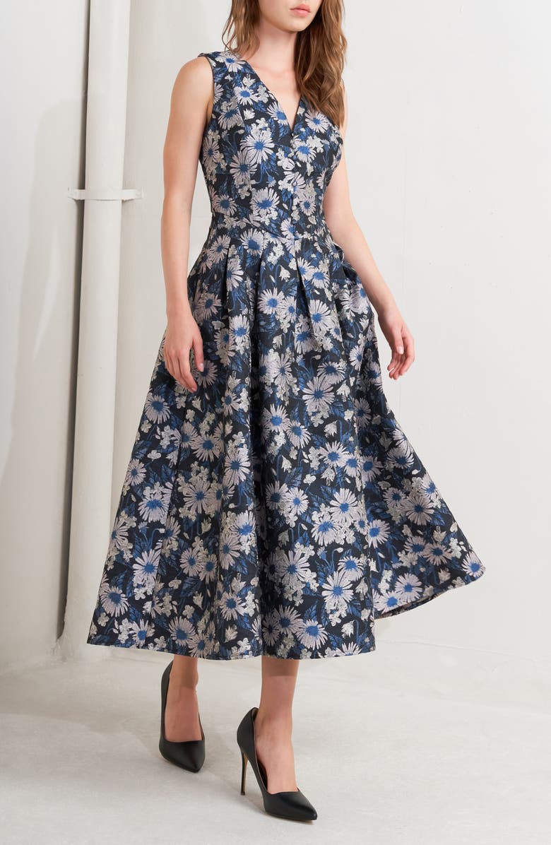 FREEMARKET Floral Jacquard A-Line Midi Dress, Alternate, color, Navy Multi