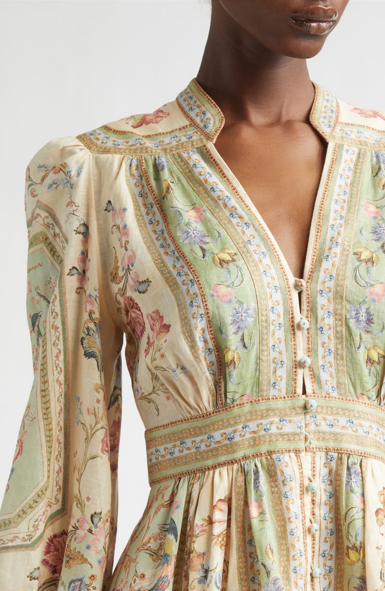 Zimmermann Roselight Print Long Sleeve Linen Minidress, Alternate, color, Sage Tapestry Floral