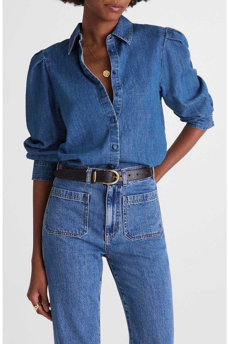 Puff Sleeve Denim Button-Up Shirt, Main, color, PETERSBURG WASH