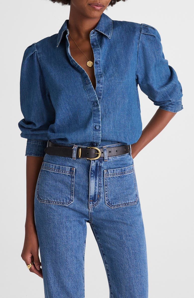 Madewell Puff Sleeve Denim Button-Up Shirt, Main, color, Petersburg Wash