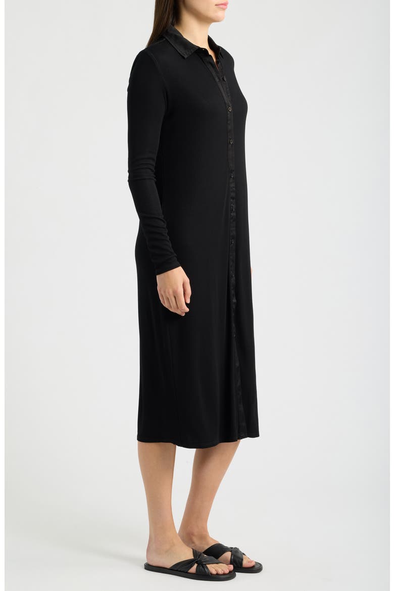 Front Button Long Sleeve Rib Midi Dress, Alternate, color, BLACK