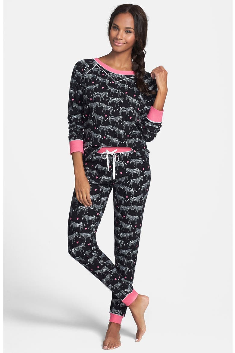 Cozy Appliqué Thermal Pajamas, Main, color, BLACK ZEBRA