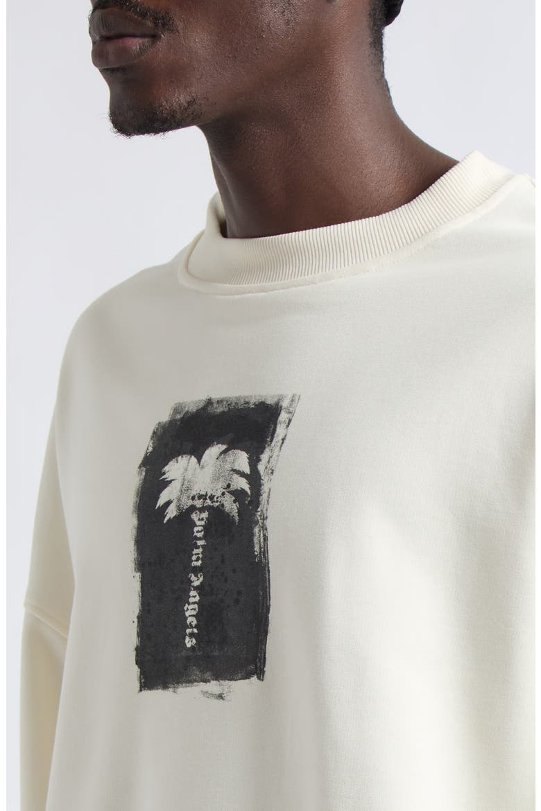 Palm Tree Loose Brushed Cotton Crewneck Sweatshirt, Alternate, color, OFF WHITE - BLACK