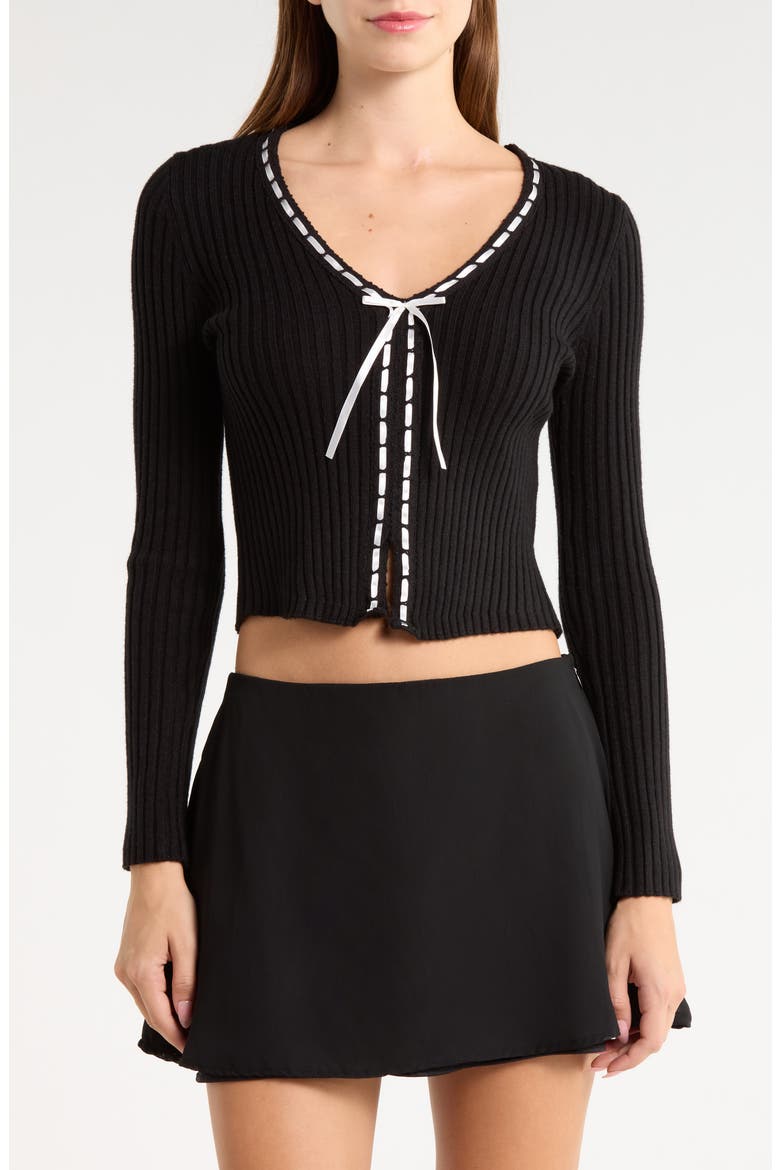 Ribbed Ribbon Trim Cardigan, Main, color, BLACK
