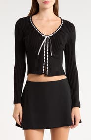 LUV BETSEY Ribbed Ribbon Trim Cardigan