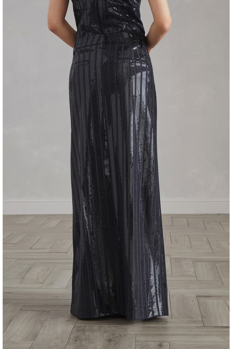 Comfort virgin wool chalk stripe sartorial column skirt with dazzling embroidery, Alternate, color, Dark Grey