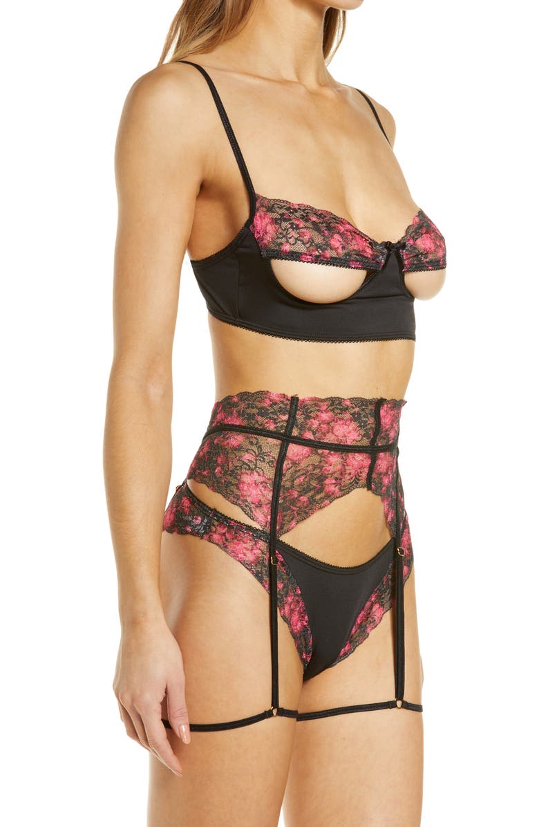 Mapale Lace Open Cup Bra, Garter Belt & Thong, Alternate, color, 