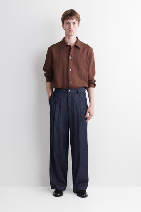 Pleated Wide-Leg Denim Pants
