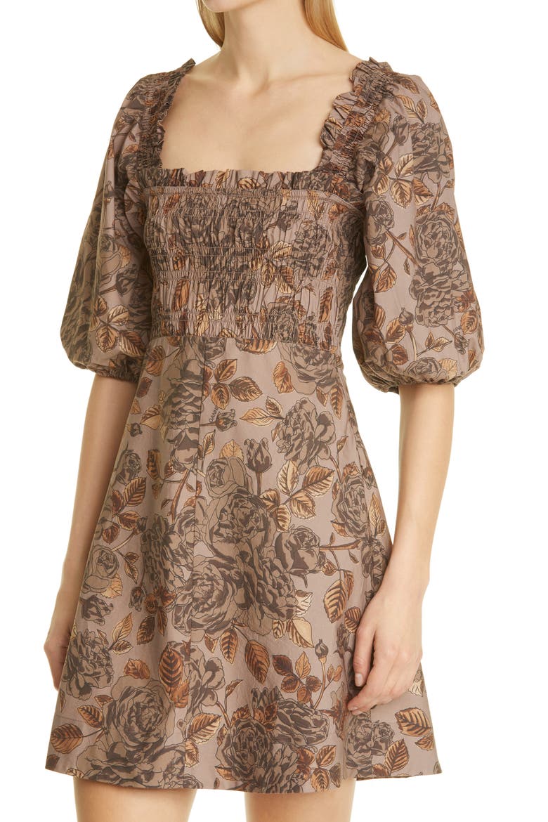 Floral Puff Sleeve Organic Cotton Poplin Dress, Alternate, color, FOSSIL