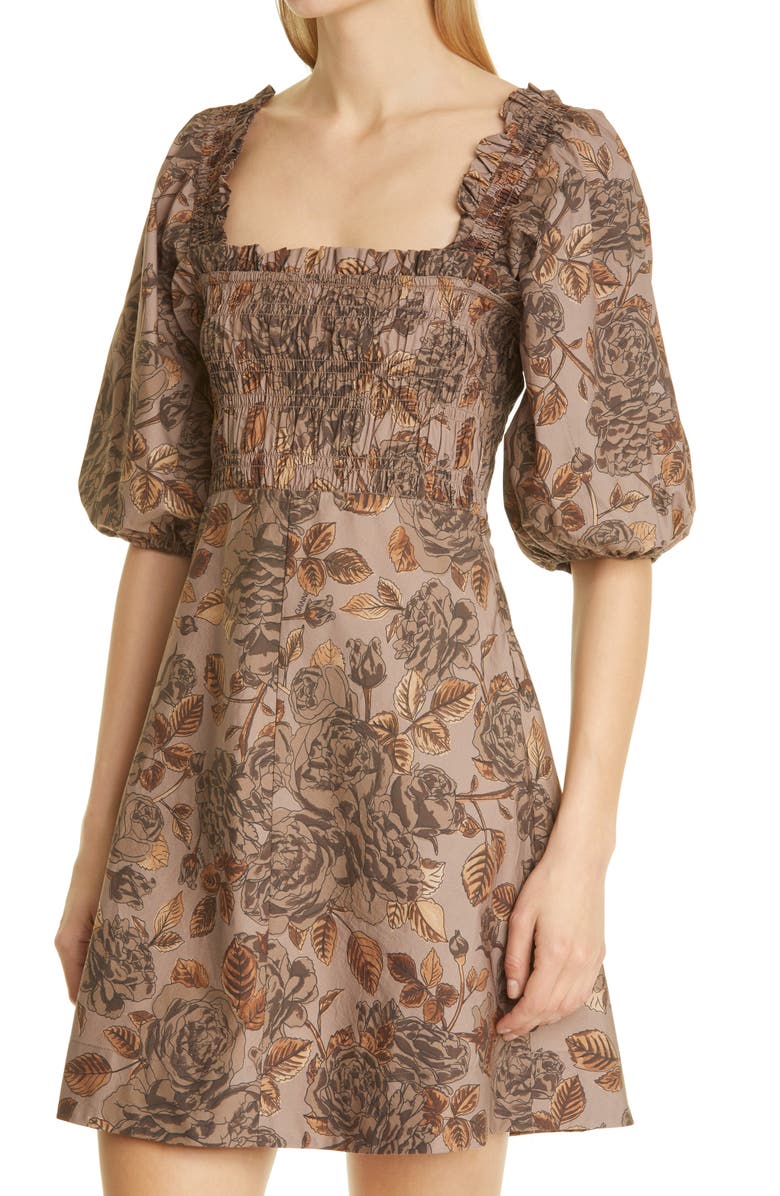 Ganni Floral Puff Sleeve Organic Cotton Poplin Dress, Alternate, color, 