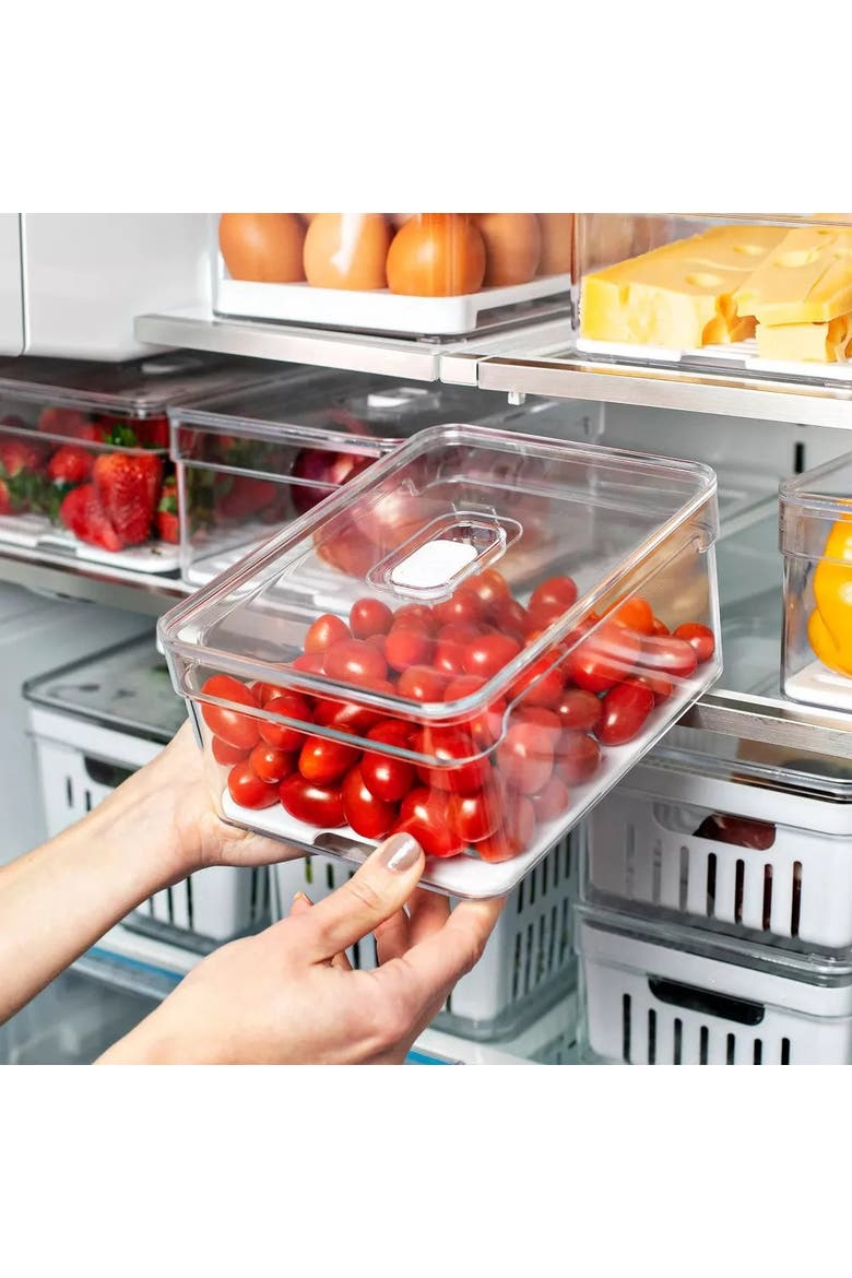 Clear Stackable Fridge Organizer Bins with Drain Basket, Flat Tray and Vented Lids, 2 Pack - 2.3 Quart Each, Alternate, color, Clear with White Drainer