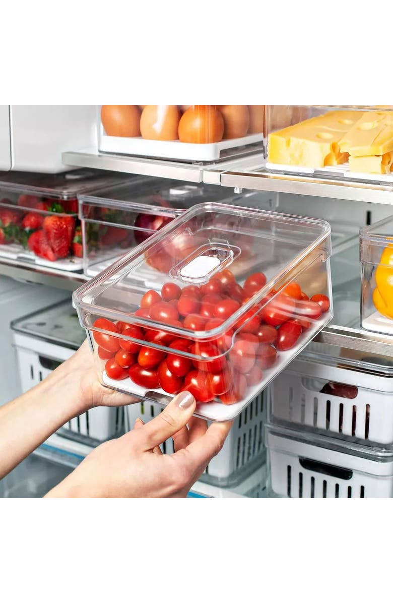 OU Clear Stackable Fridge Organizer Bin with Drain Tray and Vented Lid, 5 Pack, Alternate, color, Clear With White Drainer