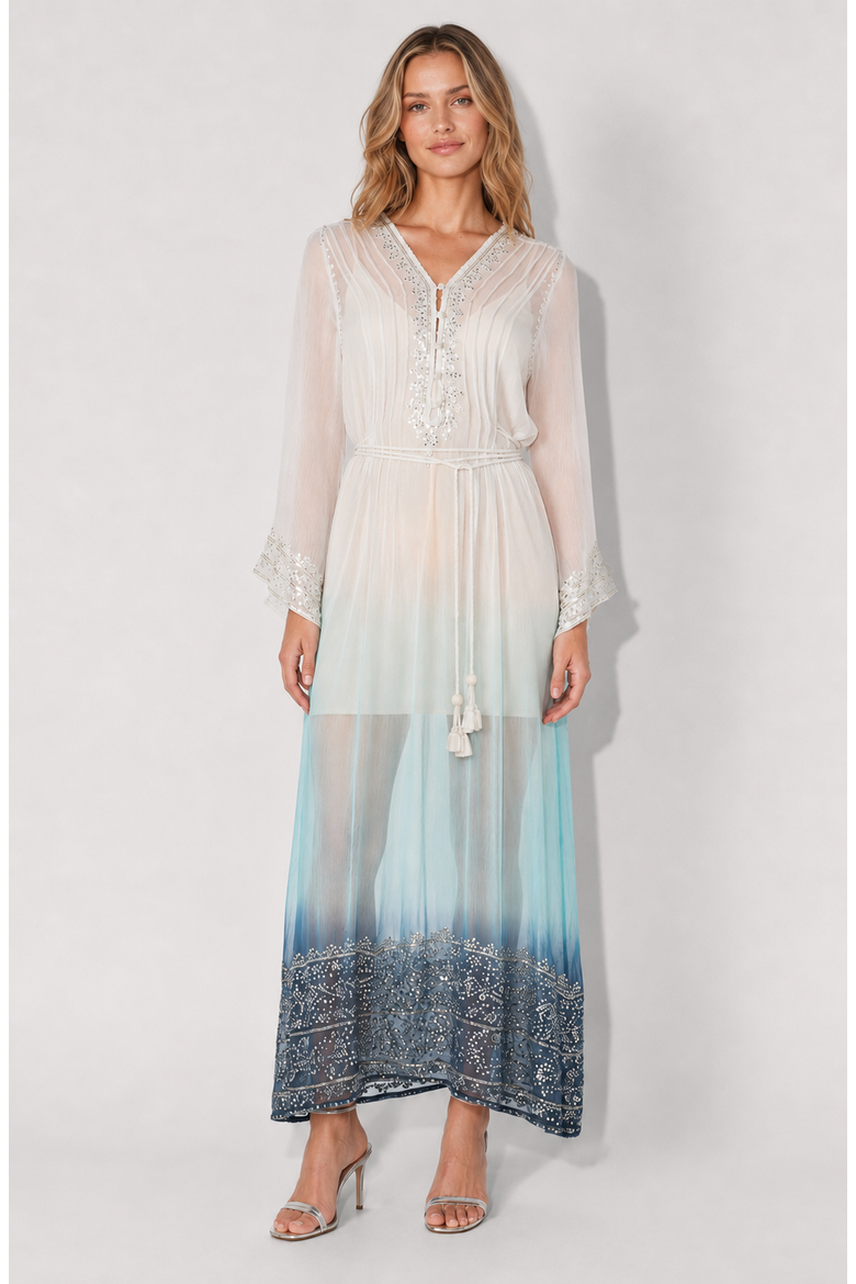 Camelia Dress, Main, color, White / Teal / Indigo Ombre