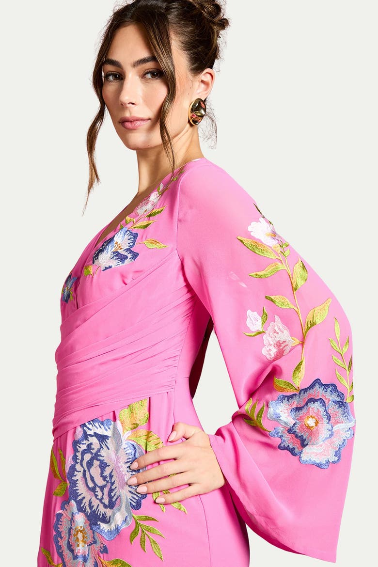 Embroidered V-Neck Wrap Dress, Alternate, color, Hot Pink
