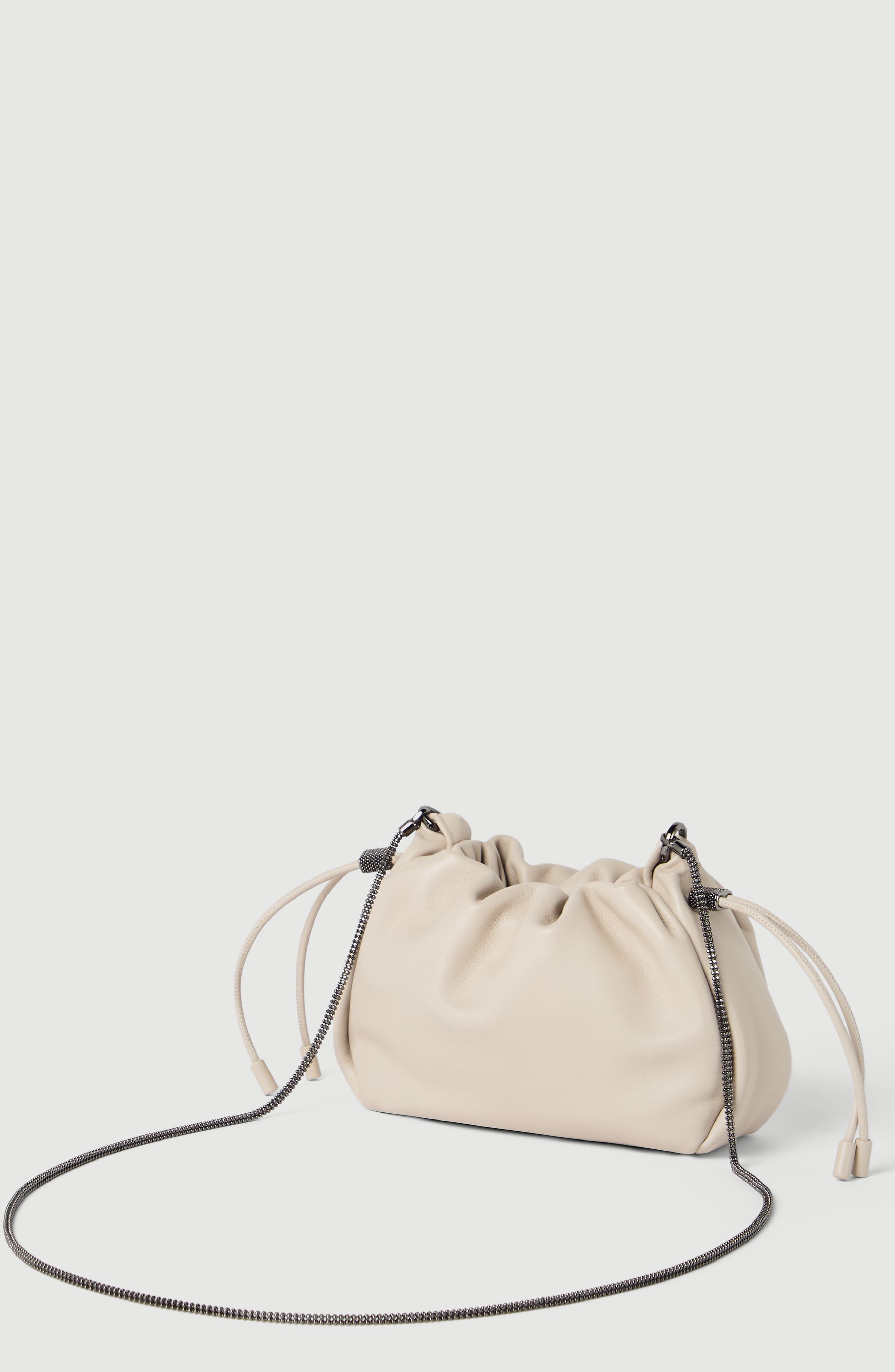Mellow mini bucket bag in soft leather with precious chain, Alternate, color, Ivory