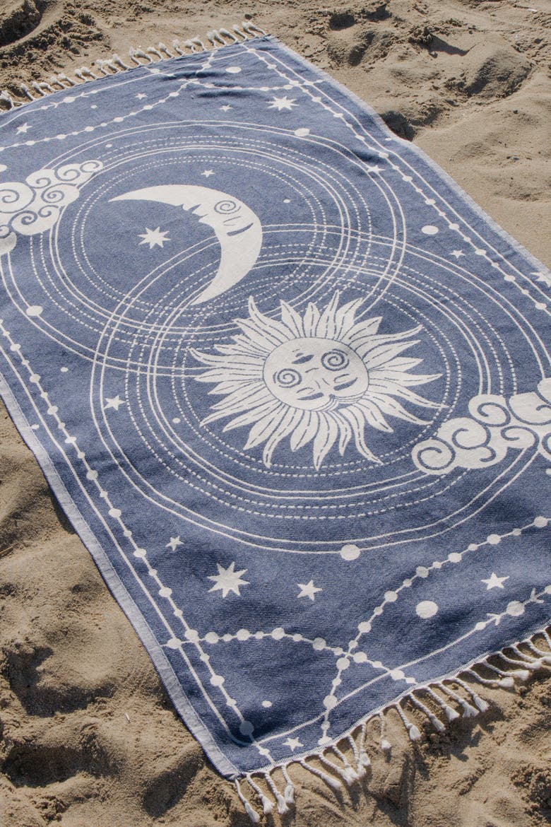 Celestial Sun and Moon Sand Resistant Organic Turkish Towel, Alternate, color, Navy