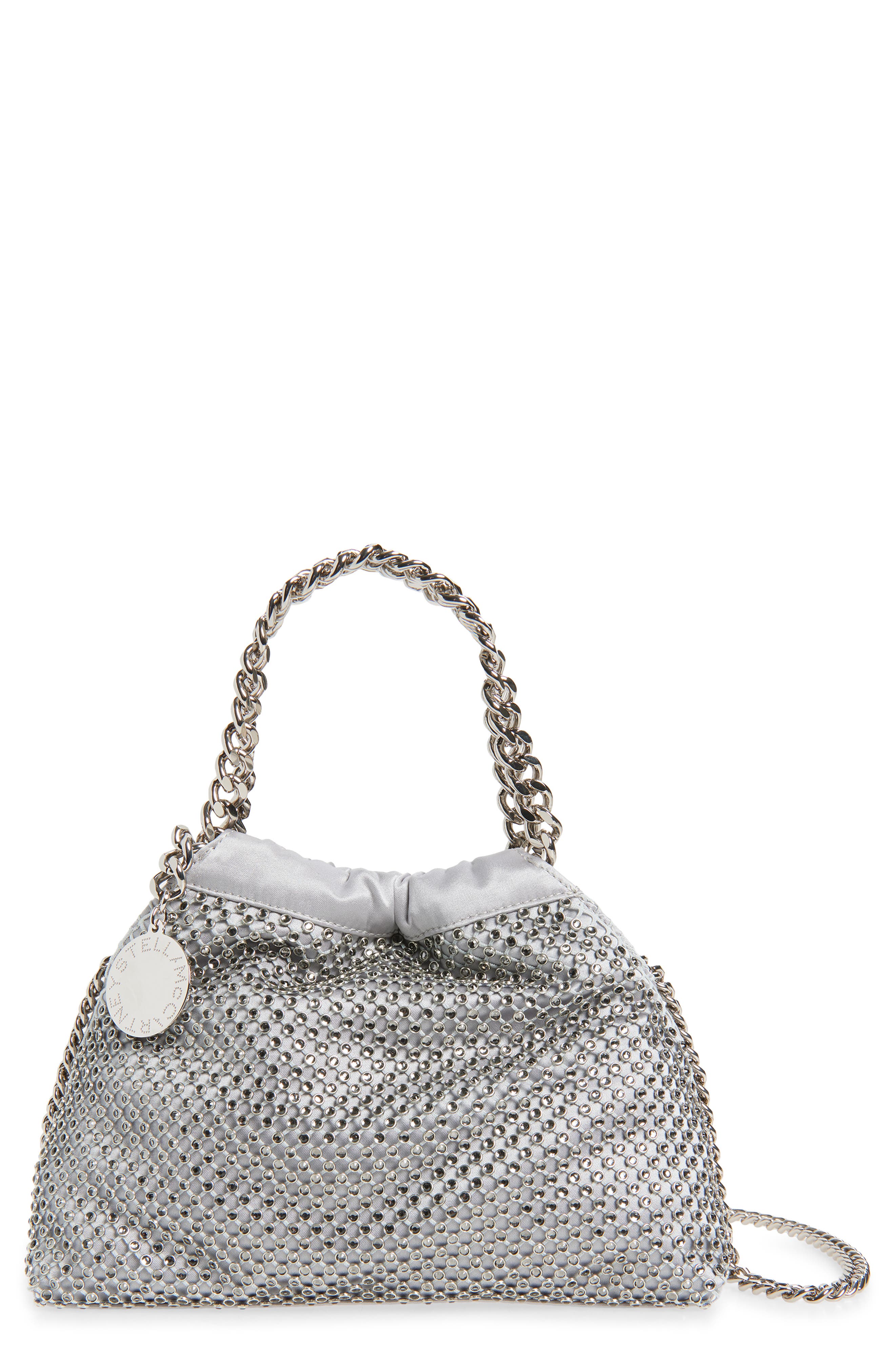 Stella McCartney Mini Falabella Crystal Mesh Shoulder Bag, Main, color, Silver