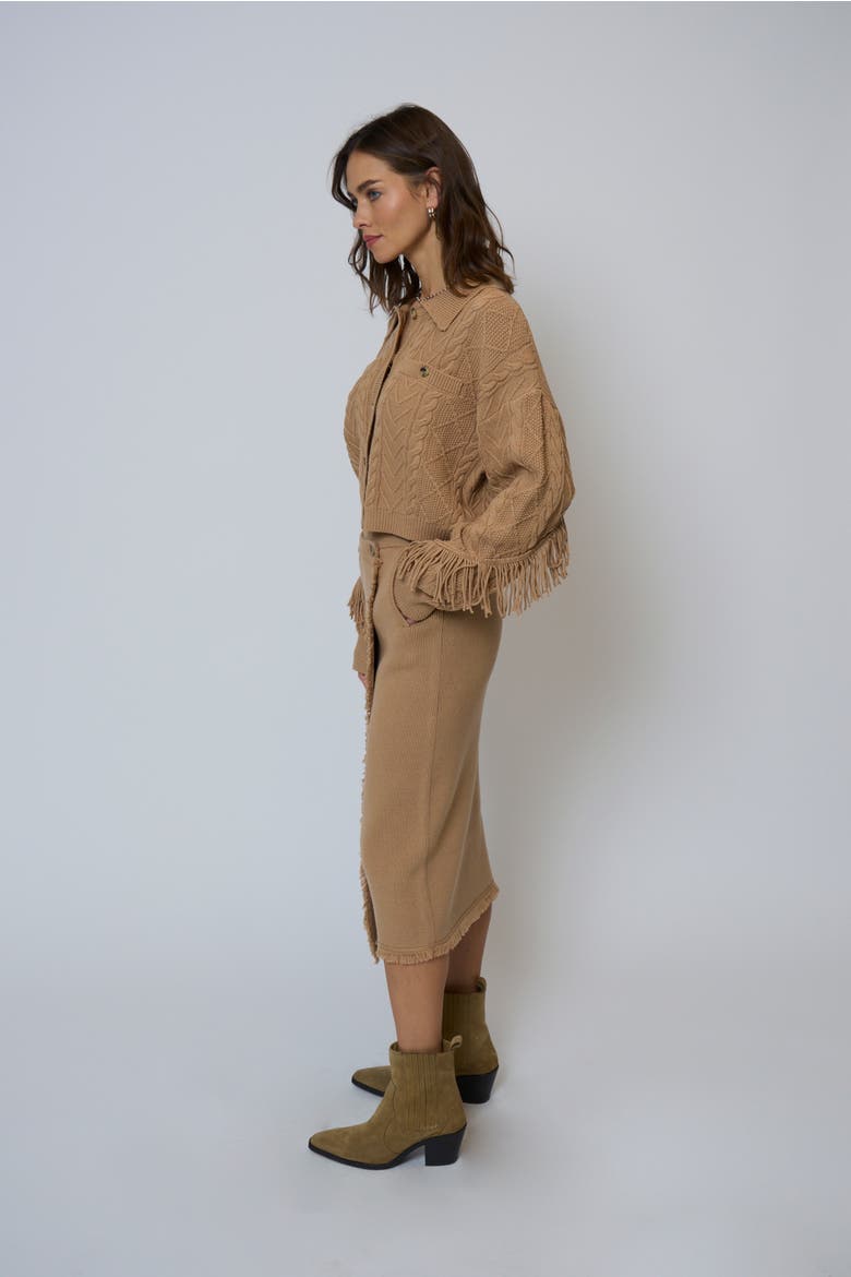 Elyse Fringe Assymetrical Midi Skirt, Alternate, color, CAMEL